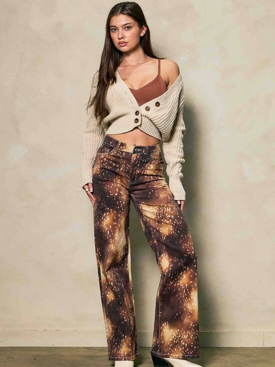 Vibrant M.I.U Denim - NWT Vibrant M.i.U. Bambi Deer Print Wide Leg Jeans Brown Fawn